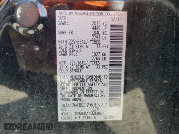 2014 Nissan Rogue S z VIN 5N1AT2MT0EC763522, wystawiony jako Copart lot #57451115 z przebiegiem 282 120 mil mil oraz Szkoda całkowita • Salvage title. Historia ofert i sprzedaży dostępna na DreamBid. Obrazek 14.