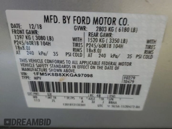 2019 Ford Explorer с VIN 1FM5K8B8XKGA97098, выставлен на аукционе Copart как лот 87421134 с пробегом 155 081 миль миль и Списание • Salvage title. История ставок и продаж доступна на DreamBid. Изображение 13.