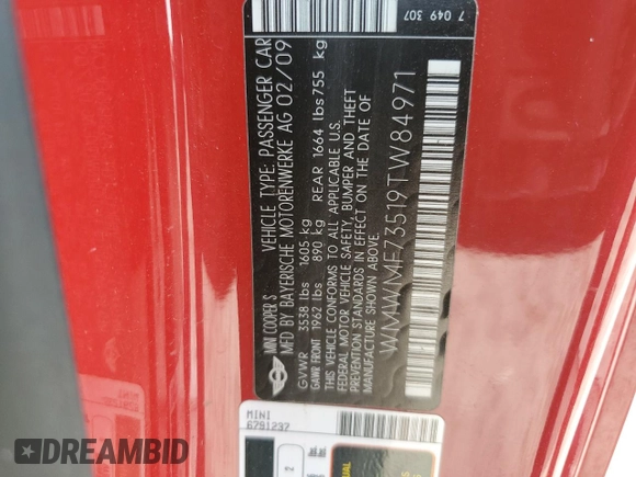 2009 MINI Hardtop S with VIN WMWMF73519TW84971, listed as a Copart auction lot 62074335 with 177,724 mi miles and Clean title. Bid and sale history available at DreamBid. Image 12.