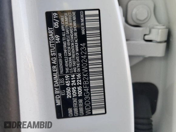 2019 Mercedes-Benz A 220 with VIN WDD3G4FB2KW024234, listed as a Copart auction lot 49452765 with 57,590 mi miles and Salvage Title. Bid and sale history available at DreamBid. Image 12.