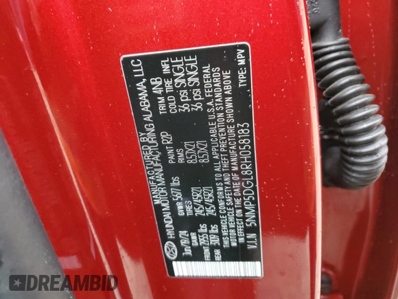 2024 Hyundai Santa Fe Calligraphy with VIN 5NMP5DGL8RH058183, listed as a Copart auction lot 52681545 with 3,451 mi miles and Salvage title. Bid and sale history available at DreamBid. Image 16.