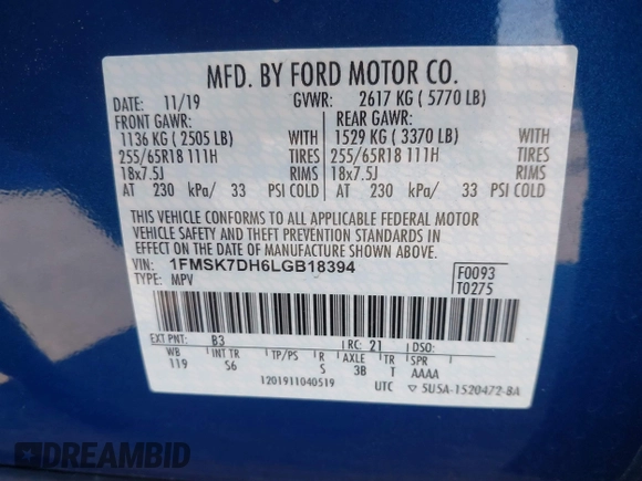 2020 Ford Explorer XLT with VIN 1FMSK7DH6LGB18394, listed as a IAAI auction lot 41876593 with 52,526 mi miles. Bid and sale history available at carsss.com. Image 9.