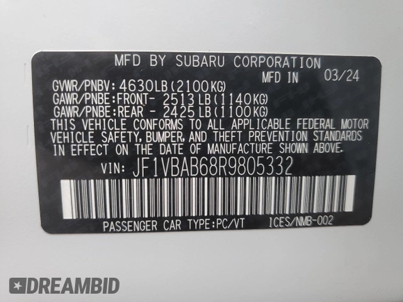 2024 Subaru WRX z VIN JF1VBAB68R9805332, wystawiony jako Copart lot #77772504 z przebiegiem 2 829 mil mil oraz Nie do naprawy • Non repairable. Historia ofert i sprzedaży dostępna na DreamBid. Obrazek 13.