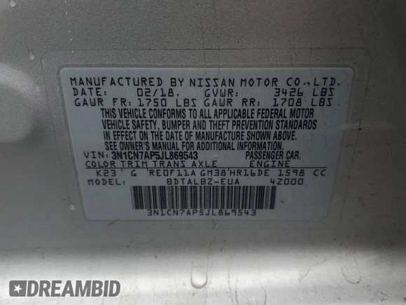 2018 Nissan Versa Sedan SV with VIN 3N1CN7AP5JL869543, listed as a Copart auction lot 50054215 with 60,846 mi miles and Salvage Title. Bid and sale history available at carsss.com. Image 14.