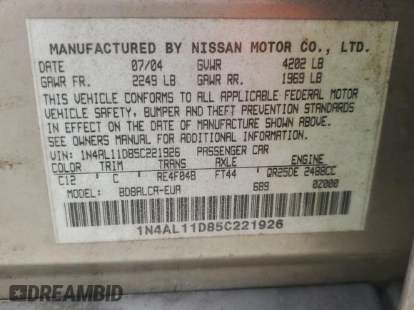 2005 Nissan Altima S z VIN 1N4AL11D85C221926, wystawiony jako Copart lot #58515355 z przebiegiem 101 237 mil mil oraz Szkoda całkowita • Salvage title. Historia ofert i sprzedaży dostępna na DreamBid. Obrazek 12.