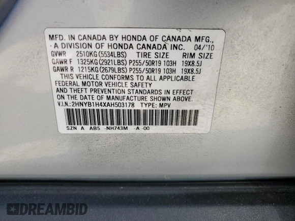 2010 Acura ZDX Tech Pkg with VIN 2HNYB1H4XAH503178, listed as a Copart auction lot 52559295 with 129,601 mi miles and Salvage Title. Bid and sale history available at carsss.com. Image 12.