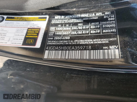 2014 Mercedes-Benz M 350 with VIN 4JGDA5HB0EA359718, listed as a Copart auction lot 58902625 with 120,480 mi miles and Salvage title. Bid and sale history available at DreamBid. Image 13.