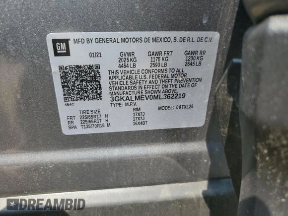 2021 GMC Terrain SLE with VIN 3GKALMEV0ML362219, listed as a Copart auction lot 59739645 with 47,889 mi miles and Salvage title. Bid and sale history available at DreamBid. Image 13.