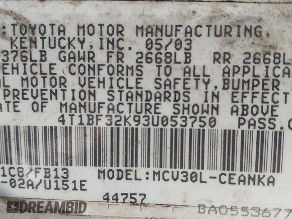 2003 Toyota Camry LE z VIN 4T1BF32K93U053750, wystawiony jako IAAI lot #41930830 z przebiegiem Nie podano mil oraz . Historia ofert i sprzedaży dostępna na DreamBid. Obrazek 9.