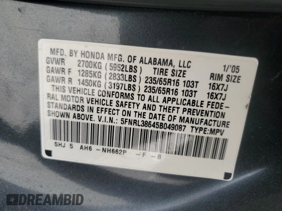 2005 Honda Odyssey EX-L with VIN 5FNRL38645B049087, listed as a Copart auction lot 56891275 with 194,587 mi miles and Salvage title. Bid and sale history available at DreamBid. Image 13.