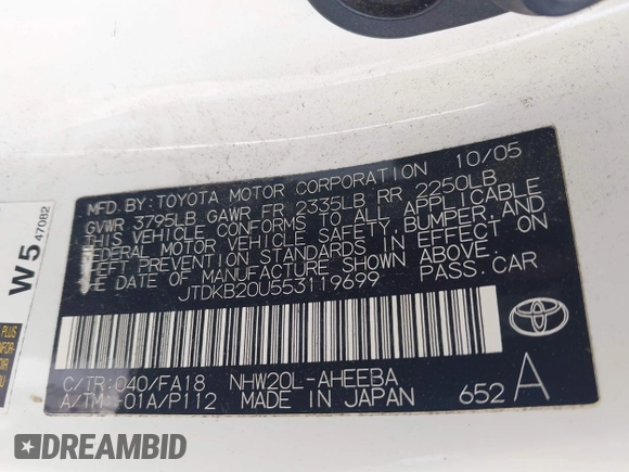2005 Toyota Prius with VIN JTDKB20U553119699, listed as a IAAI auction lot 42087112 with 212,465 mi miles. Bid and sale history available at carsss.com. Image 9.