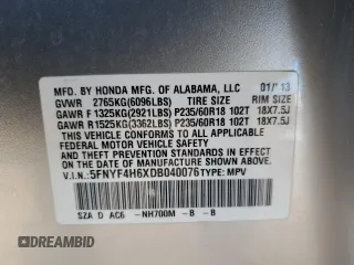2013 Honda Pilot EX-L with VIN 5FNYF4H6XDB040076, listed as a Copart auction lot 85567384 with 162,240 mi miles and Salvage Title. Bid and sale history available at carsss.com. Image 14.