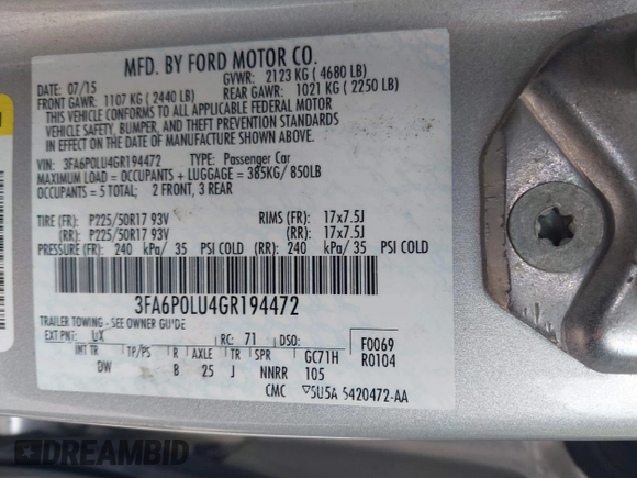 2016 Ford Fusion SE Hybrid with VIN 3FA6P0LU4GR194472, listed as a IAAI auction lot 42286775 with Not provided miles and . Bid and sale history available at DreamBid. Image 9.