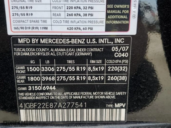 2007 Mercedes-Benz GL-Class with VIN 4JGBF22E87A277541, listed as a Copart auction lot 76740074 with 0 mi miles and Salvage Title. Bid and sale history available at carsss.com. Image 14.