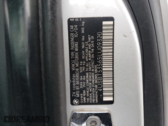 2005 BMW Z4 3.0i with VIN 4USBT53565LU09320, listed as a Copart auction lot 59596535 with 118,790 mi miles and Salvage title. Bid and sale history available at DreamBid. Image 12.