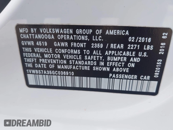 2016 Volkswagen Passat SE with VIN 1VWBS7A35GC036910, listed as a IAAI auction lot 41987411 with 108,250 mi miles and . Bid and sale history available at DreamBid. Image 9.