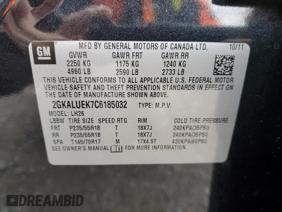 2012 GMC Terrain SLT-1 with VIN 2GKALUEK7C6185032, listed as a Copart auction lot 54141675 with 115,990 mi miles and Salvage Title. Bid and sale history available at carsss.com. Image 13.