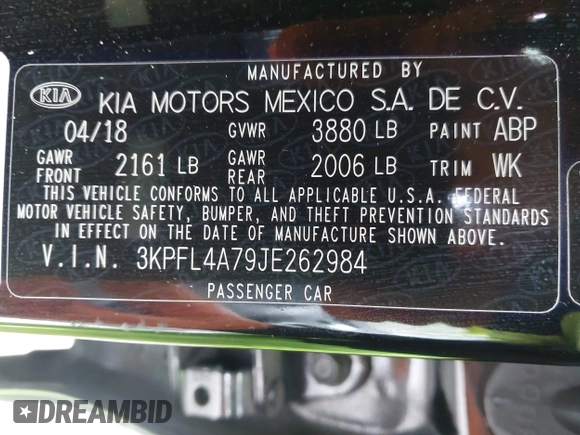 2018 Kia Forte LX with VIN 3KPFL4A79JE262984, listed as a IAAI auction lot 41518365 with 119,189 mi miles and . Bid and sale history available at DreamBid. Image 9.
