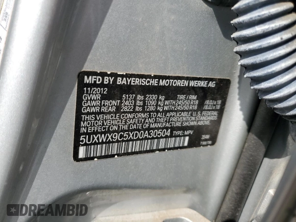 2013 BMW X3 xDrive28i with VIN 5UXWX9C5XD0A30504, listed as a Copart auction lot 53200135 with 52,252 mi miles and Salvage Title. Bid and sale history available at DreamBid. Image 13.