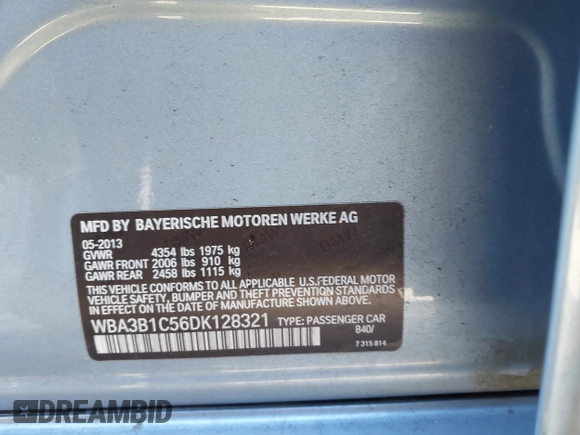 2013 BMW 3 Series 320i with VIN WBA3B1C56DK128321, listed as a IAAI auction lot 41347216 with 91,906 mi miles. Bid and sale history available at carsss.com. Image 9.
