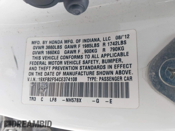 2012 Honda Civic LX с VIN 19XFB2F54CE374108, выставлен на аукционе IAAI как лот 42126298 с пробегом 146 858 миль миль и . История ставок и продаж доступна на DreamBid. Изображение 9.