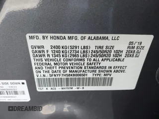 2019 Honda Passport EX-L with VIN 5FNYF7H58KB006501, listed as a IAAI auction lot 41752416 with 60,820 mi miles and . Bid and sale history available at carsss.com. Image 9.