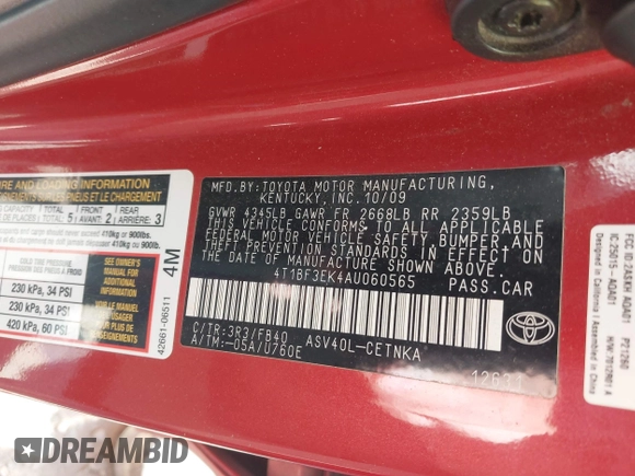 2010 Toyota Camry with VIN 4T1BF3EK4AU060565, listed as a IAAI auction lot 42130442 with 259,620 mi miles and . Bid and sale history available at DreamBid. Image 9.