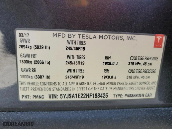 2017 Tesla Model S 100D with VIN 5YJSA1E22HF188426, listed as a Copart auction lot 39728584 with 584 mi miles and Salvage Title. Bid and sale history available at carsss.com. Image 14.