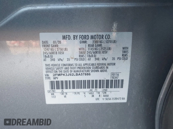2020 Ford Edge SEL с VIN 2FMPK3J92LBA57886, выставлен на аукционе IAAI как лот 42467150 с пробегом 94 475 миль миль и . История ставок и продаж доступна на DreamBid. Изображение 9.