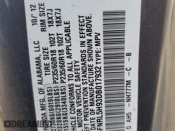 2013 Honda Odyssey Touring with VIN 5FNRL5H93DB017932, listed as a Copart auction lot 60112165 with 110,761 mi miles and Salvage title. Bid and sale history available at DreamBid. Image 14.