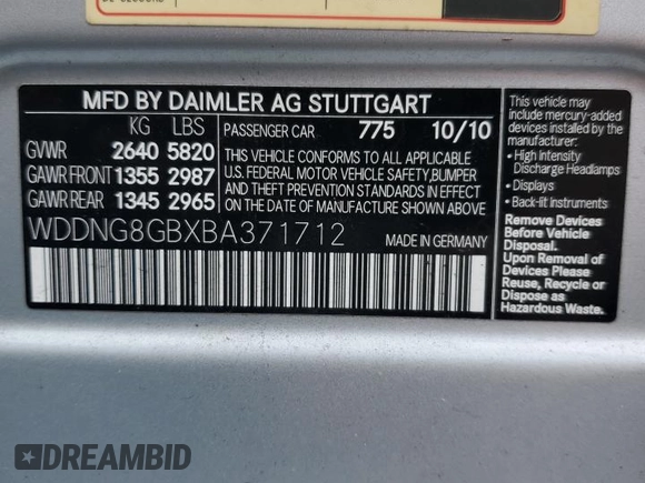 2011 Mercedes-Benz S 550 with VIN WDDNG8GBXBA371712, listed as a Copart auction lot 55656115 with 127,408 mi miles and Clean Title. Bid and sale history available at DreamBid. Image 12.