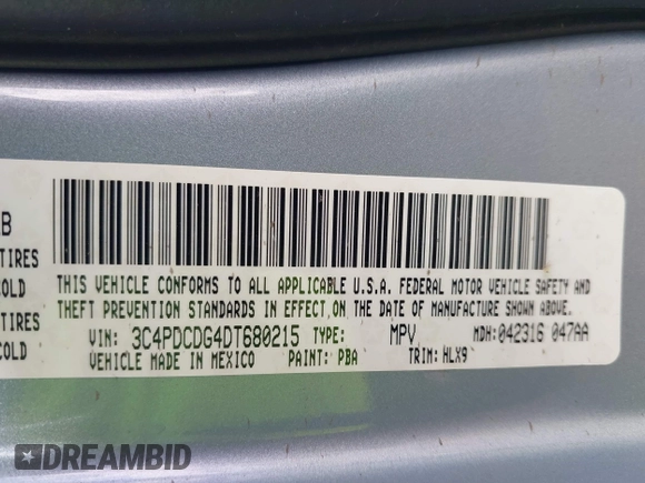 2013 Dodge Journey Crew with VIN 3C4PDCDG4DT680215, listed as a IAAI auction lot 42041962 with 82,705 mi miles and . Bid and sale history available at DreamBid. Image 9.