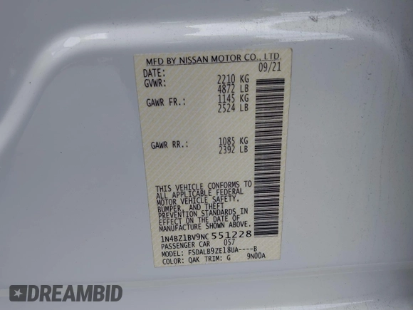 2022 Nissan LEAF S Plus with VIN 1N4BZ1BV9NC551228, listed as a IAAI auction lot 41936398 with 50,168 mi miles and . Bid and sale history available at DreamBid. Image 9.