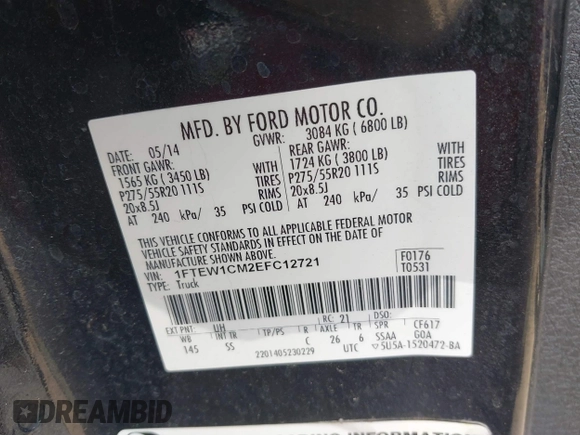 2014 Ford F-150 XL with VIN 1FTEW1CM2EFC12721, listed as a IAAI auction lot 39868316 with 272,351 mi miles. Bid and sale history available at carsss.com. Image 9.