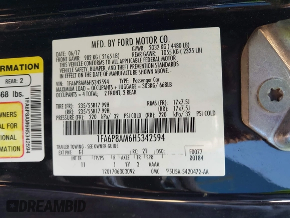 2017 Ford Mustang V6 z VIN 1FA6P8AM6H5342594, wystawiony jako IAAI lot #42479187 z przebiegiem 103 861 mil mil oraz . Historia ofert i sprzedaży dostępna na DreamBid. Obrazek 9.