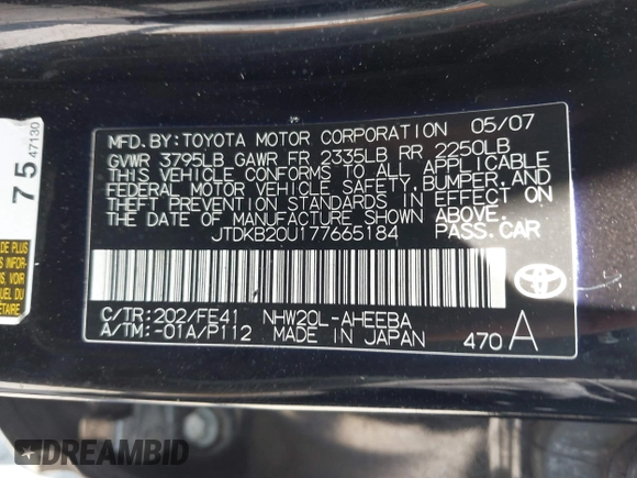 2007 Toyota Prius with VIN JTDKB20U177665184, listed as a IAAI auction lot 42673560 with 209,925 mi miles and . Bid and sale history available at DreamBid. Image 9.