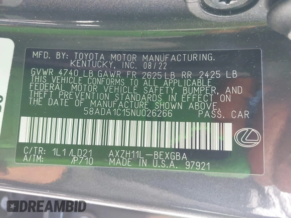 2022 Lexus ES 300h with VIN 58ADA1C15NU026266, listed as a IAAI auction lot 42121610 with 18,059 mi miles and . Bid and sale history available at DreamBid. Image 9.