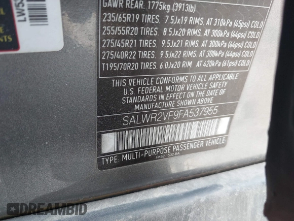 2015 Land Rover Range Rover Sport HSE with VIN SALWR2VF9FA537955, listed as a IAAI auction lot 42095693 with 109,165 mi miles. Bid and sale history available at carsss.com. Image 9.