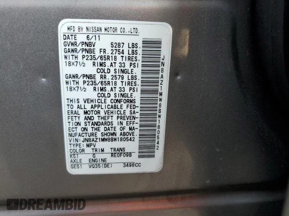 2011 Nissan Murano SV with VIN JN8AZ1MW8BW180542, listed as a Copart auction lot 62443904 with 81,716 mi miles and Salvage Title. Bid and sale history available at carsss.com. Image 12.