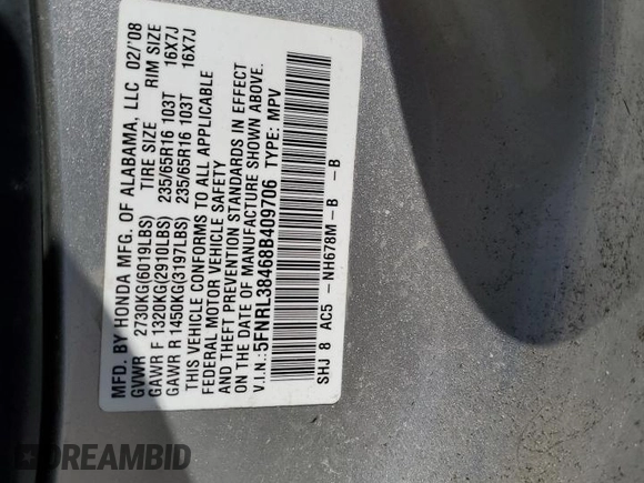 2008 Honda Odyssey EX with VIN 5FNRL38468B409706, listed as a Copart auction lot 50643855 with 124,573 mi miles and Non Repairable. Bid and sale history available at carsss.com. Image 15.