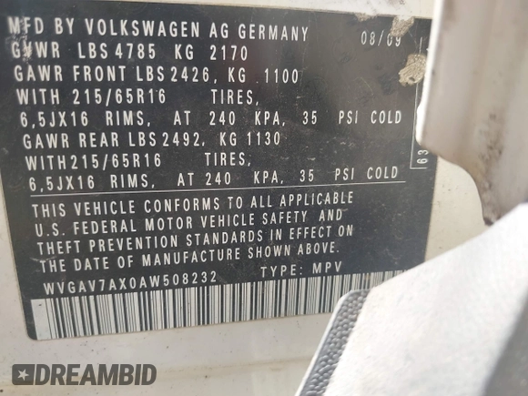 2010 Volkswagen Tiguan S with VIN WVGAV7AX0AW508232, listed as a IAAI auction lot 42001407 with Not provided miles and . Bid and sale history available at DreamBid. Image 9.