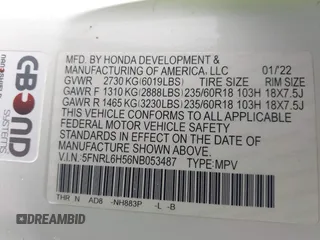 2022 Honda Odyssey EX with VIN 5FNRL6H56NB053487, listed as a IAAI auction lot 42237976 with Not provided miles and . Bid and sale history available at DreamBid. Image 9.