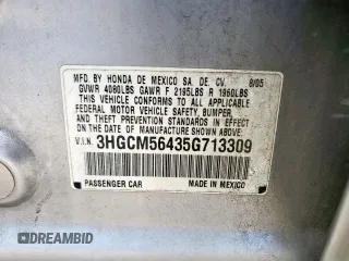 2005 Honda Accord LX with VIN 3HGCM56435G713309, listed as a Copart auction lot 60854495 with 237,574 mi miles and Clean title. Bid and sale history available at DreamBid. Image 12.