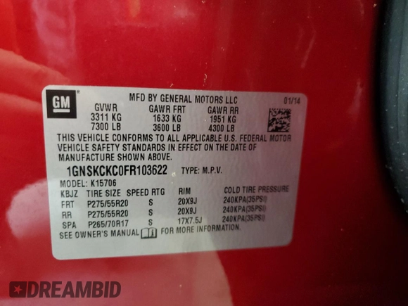 2015 Chevrolet Tahoe LTZ z VIN 1GNSKCKC0FR103622, wystawiony jako Copart lot #54217505 z przebiegiem 126 220 mil mil oraz Szkoda całkowita • Salvage title. Historia ofert i sprzedaży dostępna na DreamBid. Obrazek 13.
