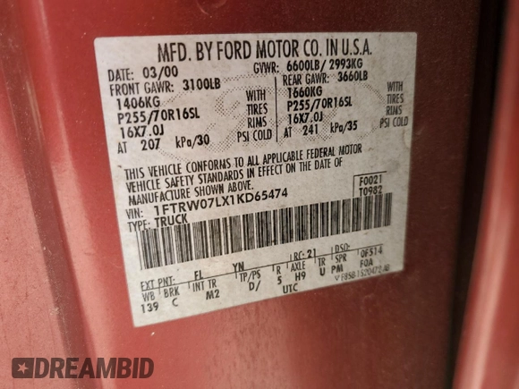 2001 Ford F-150 XLT with VIN 1FTRW07LX1KD65474, listed as a Copart auction lot 61474655 with 361,023 mi miles and Salvage title. Bid and sale history available at DreamBid. Image 12.