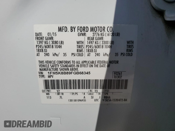 2015 Ford Explorer with VIN 1FM5K8B89FGB68345, listed as a Copart auction lot 57326035 with 159,285 mi miles and Clean title. Bid and sale history available at DreamBid. Image 13.