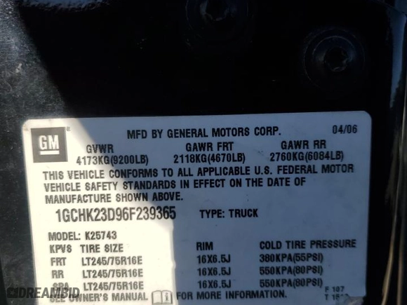 2006 Chevrolet Silverado 2500HD LT1 with VIN 1GCHK23D96F239365, listed as a Copart auction lot 42936065 with 202,242 mi miles and Salvage Title. Bid and sale history available at carsss.com. Image 15.