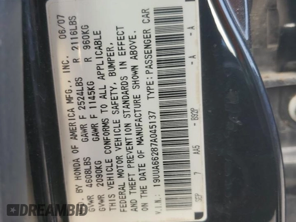2007 Acura TL with VIN 19UUA66287A045137, listed as a Copart auction lot 53501505 with 91,156 mi miles and Clean Title. Bid and sale history available at carsss.com. Image 12.