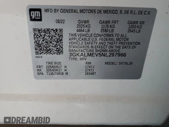 2022 GMC Terrain SLE with VIN 3GKALMEV5NL297966, listed as a Copart auction lot 44463595 with 70,254 mi miles and Salvage Title. Bid and sale history available at carsss.com. Image 12.