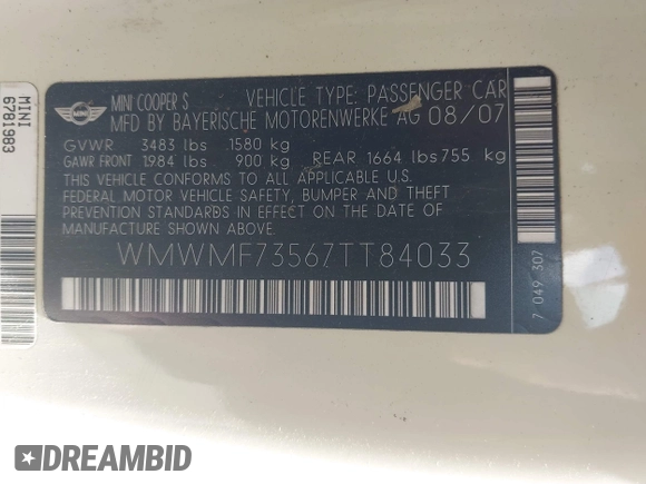2007 MINI Hardtop S with VIN WMWMF73567TT84033, listed as a IAAI auction lot 42189573 with 75,177 mi miles and . Bid and sale history available at DreamBid. Image 9.